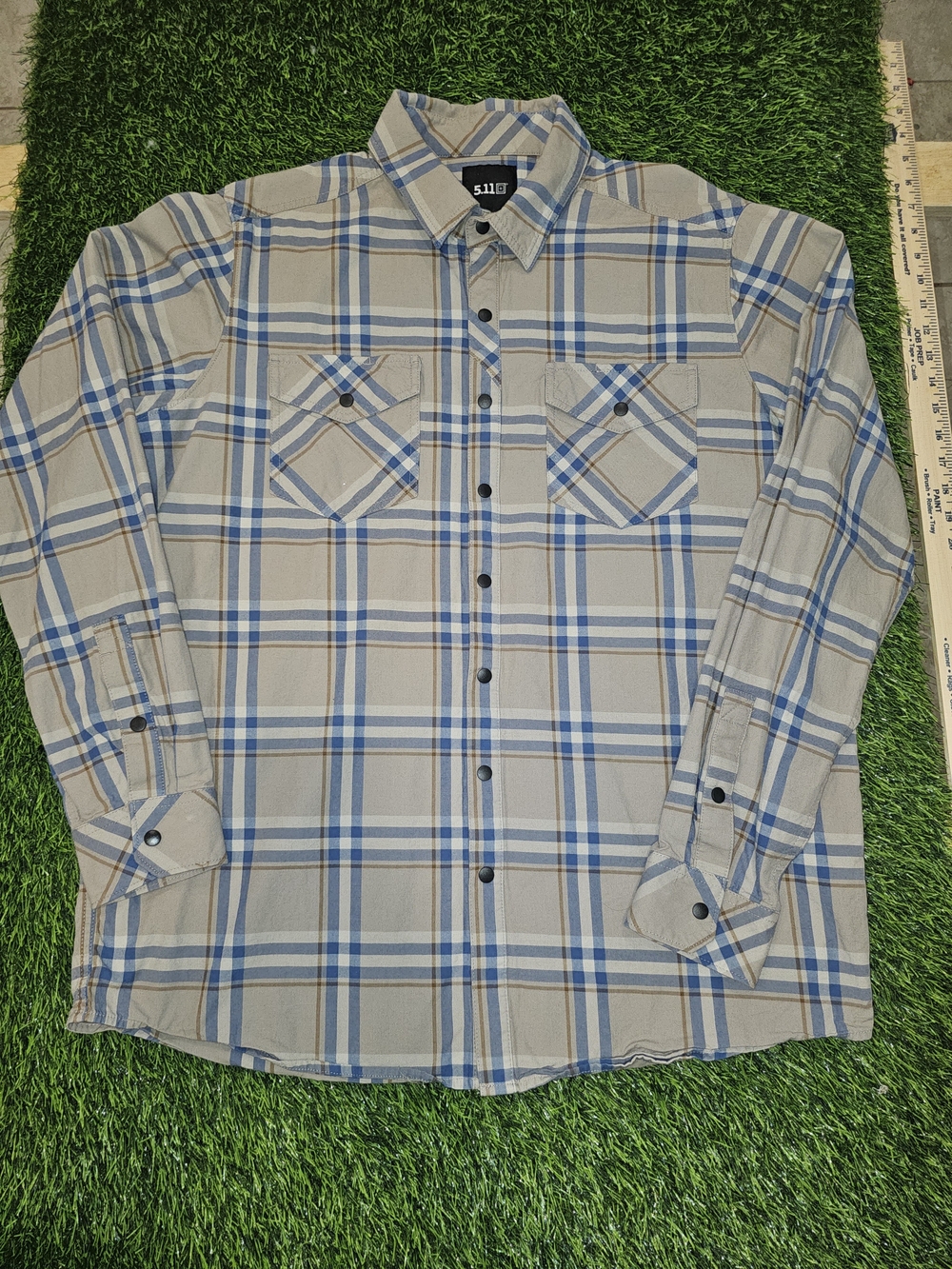 5.11 Tactical Tactical Men's Blue and Tan Plaid Button-Up Shirt - L